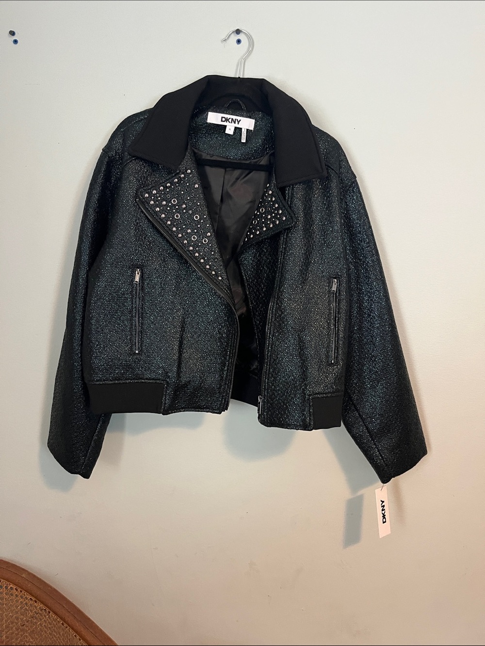 DKNY Black Studded Shimmer Biker Jacket